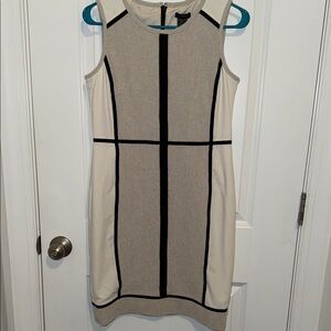 Ann Taylor Cream & Black Grid Midi Sheath Dress